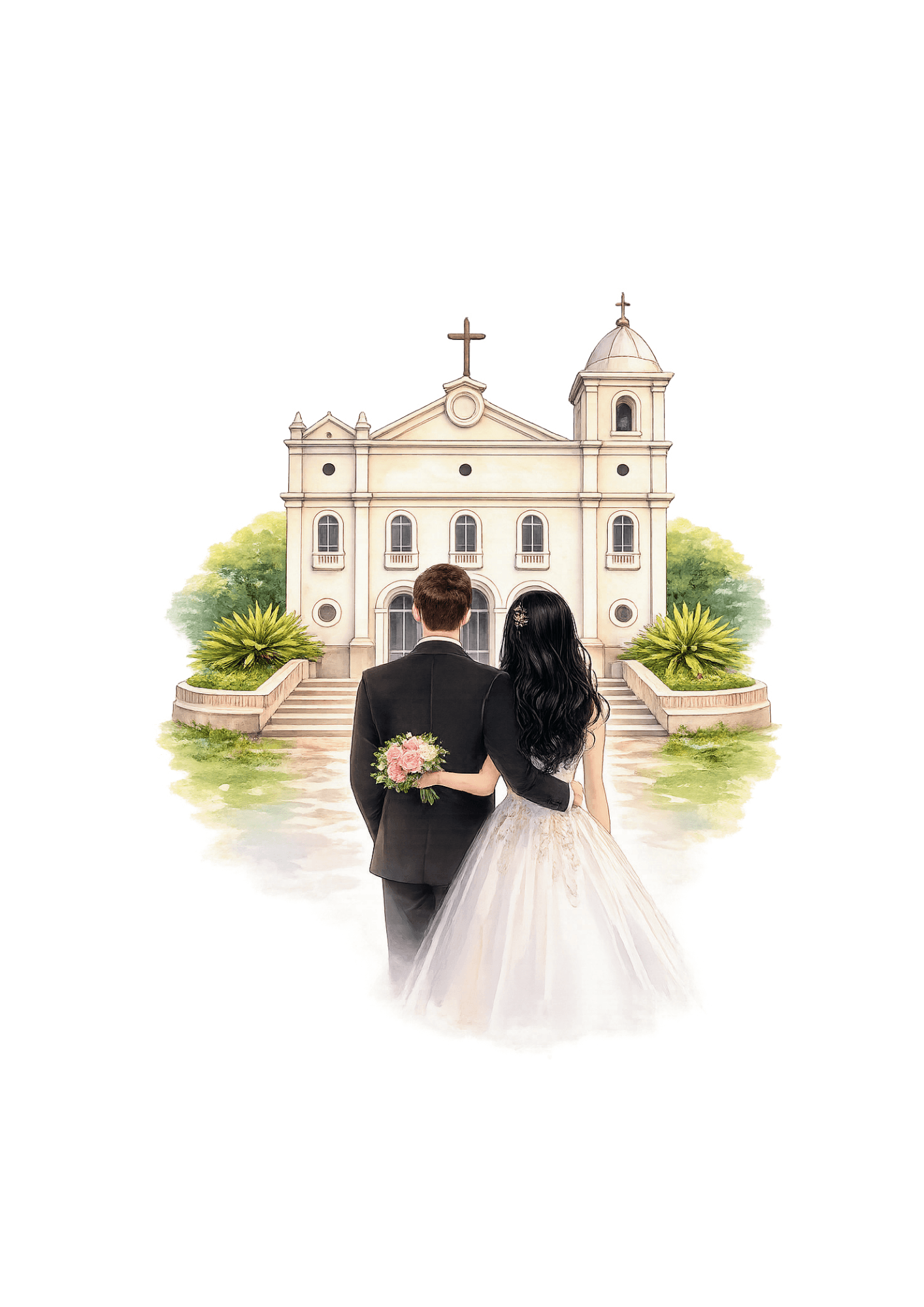 Ilustração em aquarela do casal em frente à igreja